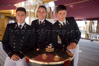 Sailors in smart crew dress uniform evening wear  The Tall ShipsÕ Races 2007 Mediterranea in Genova. Amerigo Vespucci (Italia).