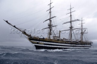 Amerigo Vespucci in rough sea and waves during a storm