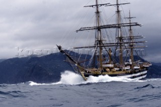 Amerigo Vespucci in rough sea and waves during a storm