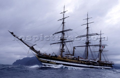 Amerigo Vespucci in rough sea and waves during a storm