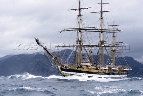 Amerigo Vespucci in rough sea and waves during a storm