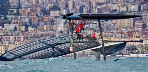 Naples Italy 11042012  Americas Cup World Series Naples 2012  Artemis Racing nose dives and capsizes