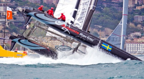 Naples Italy 11042012  Americas Cup World Series Naples 2012  Artemis Racing nose dives and capsizes