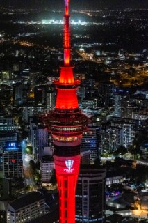 22/01/21 - Auckland (NZL)36th Americaâ€™s Cup presented by PradaPRADA Cup 2021 -  DocksideSky Tower lit with PRADA Cup Logo