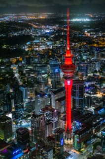 22/01/21 - Auckland (NZL)36th Americaâ€™s Cup presented by PradaPRADA Cup 2021 -  DocksideSky Tower lit with PRADA Cup Logo