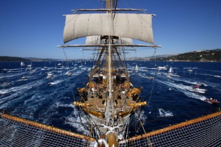 Tolone (France). On Board Tall Ship Amerigo Vespucci at the end of the bow sprit