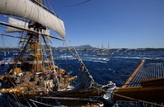 Tolone (France). On Board Tall Ship Amerigo Vespucci at the end of the bow sprit