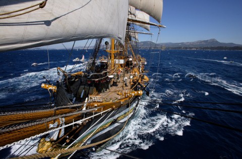 Tolone France On Board Tall Ship Amerigo Vespucci at the end of the bow sprit