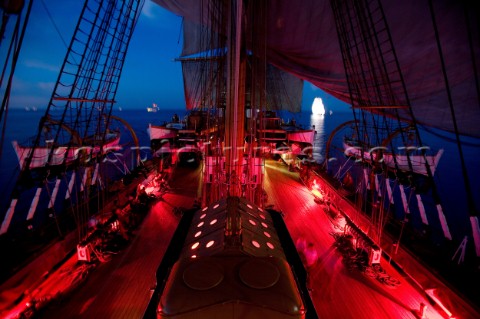 Tolone France On Board Tall Ship Amerigo Vespucci at night with deck lights on