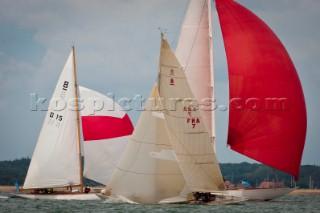 Cowes, Isle of Wight, 12 july 2012 Panerai Classic Yacht Challenge 2012 Panerai British Classic Week 2012 Hispania IV, crosses Anne Sophie and Savannah running down.