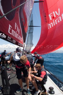 Emirates Team New Zealand gybeing during unofficial practice race for the Audi MedCup Marseille Regatta. Marseille, France. 14/6/2010