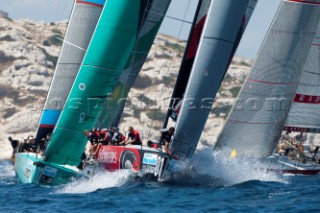 Emirates Team New Zealand lead around the top mark during un official practice for the Audi MedCup Marseille Regatta. Marseille, France. 14/6/2010