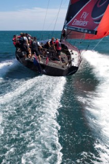 Emirates Team New Zealand sail two unofficial practice races against other Audi MedCup teams before the Trofee of Sardinia regatta. 19/10/2010