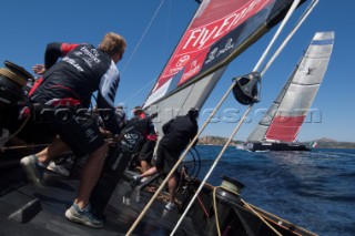 Emirates Team New Zealand and Luna Rossa on leg one of their round robin match on day four of the Louis Vuitton Trophy round robin. La Maddalena, Sardinia, Italy. 25/5/2010