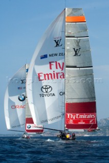 Down the final run the Louis Vuitton Umpire boat penalises Emirates Team New Zealand for the back stay tension this offsets the penalty against BMW Oracle racing and gives the race to BMW Oracle. Louis Vuitton Trophy, La Maddalena, Sardinia, Italy. 28/5/2010