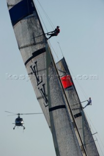 Emirates Team New Zealand and  Synergy (RUS) on the first beat their first final match. Louis Vuitton Trophy. La Maddalena, Sardinia, Italy. 5/6/2010