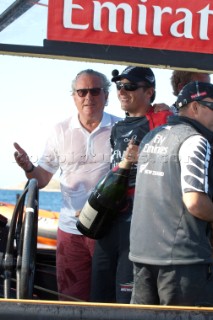 Bruno Trouble and Emirates Team New Zealand helmsman Dean Barker after the teams 3 - 2 win over Synergy (RUS) in the finals. Louis Vuitton Trophy. La Maddalena, Sardinia, Italy. 6/6/2010