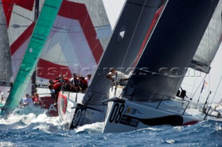 Emirates Team New Zealand and Matador (ARG) approach the top mark in race one. Trofeo Caja Mediterraneo region de Murcia, Audi medCup regatta. 25/8/2010