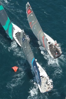 Quantum (USA), Luna Rossa (ITA) and Team Origin (GBR) around the top mark in race six. Trofeo Caja Mediterraneo Region de Murcia, Audi medCup regatta. 28/8/2010