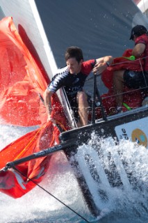 Emirates Team New Zealand bowman Richard Meacham ready to let the genoa go for a downwind run in the coastal race. Trofeo Caja Mediterraneo Region de Murcia, Audi medCup regatta. 28/8/2010