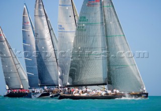 KEY WEST, FLORIDA - January 16th 2007: The Swan 601 Monneypenny owned by Jim Swartz from Park City, UT, USA takes away from her sisterships and other IRC1 yachts close after the start during racing on Day 2 of Key West Race Week 2007 on January 16th 2007. Monneypenny is presently 3rd overall in IRC1. Key West Race Week is the premier racing event in the winter season. (Photo by Sharon Green/Kos Picture Source via Getty Images)