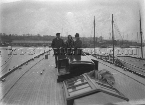 Sir Thomas Lipton onboard the deck of his JClass Shamrock V at her launch at Camper and Nicholsons G