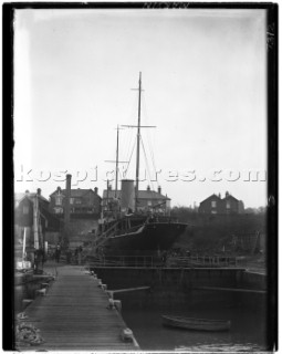 Large steam yacht in dry dock at Marvins Yard on the south coast UK in 1930