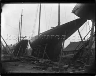 Large yacht Val...? of the RYS on the hard in Marvins Yard on the south coast UK in 1930
