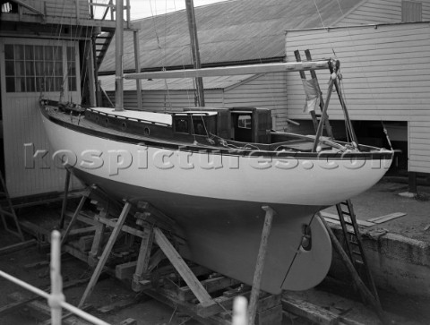 Cruising yacht on a slipway at Mays Yard in Lymington now known as Berthons in 1939