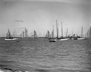 Large racing yachts off Cowes (including Westward) in the Solent in the 1930s