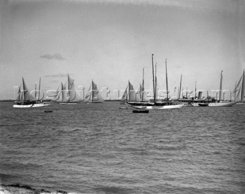 Large racing yachts off Cowes including Westward in the Solent in the 1930s