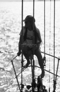 Girl relaxing on the bow of Swan 51 FORMOSA - the 1000th Swan built