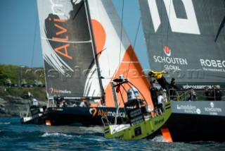 VIP guest on board, Kenny Read, jumping off BRUNEL during the start of the Volvo Ocean Race: Newport - Lisbon leg.