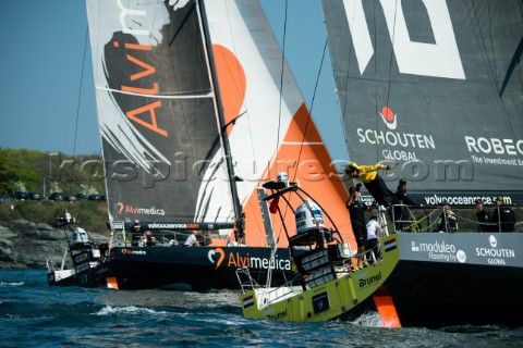 VIP guest on board Kenny Read jumping off BRUNEL during the start of the Volvo Ocean Race Newport  L