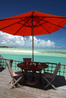 Waterfront view at Pearl beach resort on Aitutaki Island, Cook Islands, South Pacific.