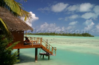 Beach hut at Pearl beach resort on Aitutaki Island, Cook Islands, South Pacific.