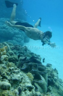 Snorkeling off Honeymoon Island, Cook Islands, South Pacific.