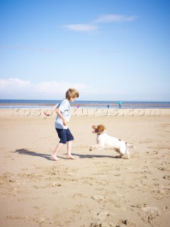 Boy playing with a dog on the beach