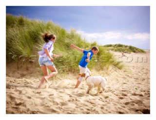 Children playing in the sand with a dog