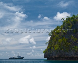 Cruising in Indonesia, superyacht Asteria at anchor in Wagmab