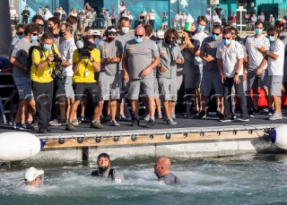 Prada crew celebrate winning the Prada Cup Challenger Series