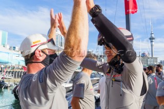 Prada crew celebrate winning the Prada Cup Challenger Series