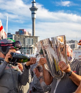 Prada crew celebrate winning the Prada Cup Challenger Series