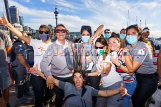 Prada crew celebrate winning the Prada Cup Challenger Series