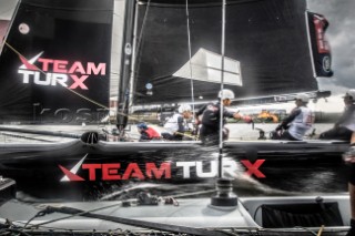 2015 Extreme Sailing Series - Act 5 - Hamburg.Team Turx skippered by Edhem Dirvana (TUR) and Mitch Booth (AUS) and crewed by Selim Kakis (TUR), Diogo Cayolla (POR) and Pedro Andrade (POR).