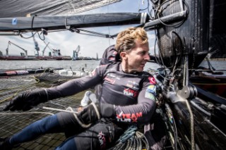 2015 Extreme Sailing Series - Act 5 - Hamburg.Team Turx skippered by Edhem Dirvana (TUR) and Mitch Booth (AUS) and crewed by Selim Kakis (TUR), Diogo Cayolla (POR) and Pedro Andrade (POR).