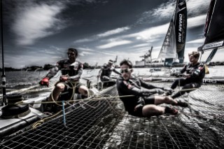 2015 Extreme Sailing Series - Act 5 - Hamburg.Team Turx skippered by Edhem Dirvana (TUR) and Mitch Booth (AUS) and crewed by Selim Kakis (TUR), Diogo Cayolla (POR) and Pedro Andrade (POR).