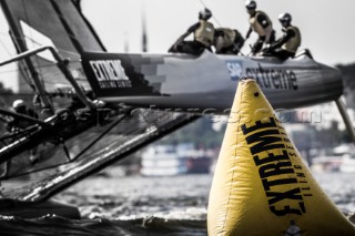 2015 Extreme Sailing Series - Act 5 - Hamburg.SAP Extreme Sailing Team skippered by Jes Gram-Hansen (DEN) and Rasmus KÂ¯stner (DEN) and crewed by Mads Emil Stephensen (DEN), Herve Cunningham (FRA) and Nicholai Sehested (DEN).