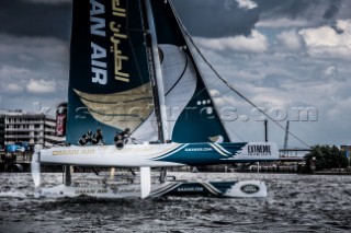 2015 Extreme Sailing Series - Act 5 - Hamburg.Oman Air skippered by Stevie Morrison (GBR) and crewed by Nic Asher (GBR), Ed Powys (GBR), Ted Hackney (AUS) and Ali Al Balushi (OMA)