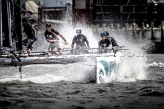 2015 Extreme Sailing Series - Act 5 - Hamburg.Oman Air skippered by Stevie Morrison (GBR) and crewed by Nic Asher (GBR), Ed Powys (GBR), Ted Hackney (AUS) and Ali Al Balushi (OMA)